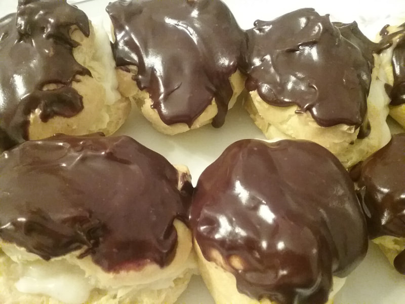 We bake up about fourteen chocolate eclairs at a time for our Candlelite Inn Bed & Breakfast guests.